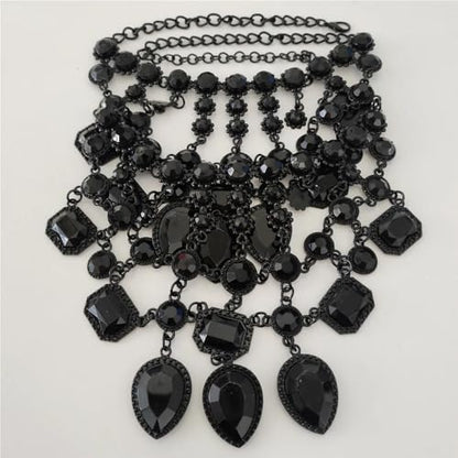 925 Sterling Silver Bib Jewelry Sets For Women - ZA Indian Ethnic Round Water Drop Crystal Tassel Necklace Earrings Jewelry Sets Statement Large, Chunky Rhinestone Necklace - color: Black - Bib Necklace