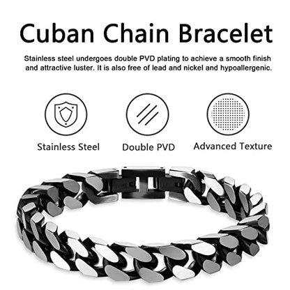 Mens Bracelet-Stainless Steel Fold Over Clasp Cuban Chain-Bracelets for Men - color: E-Black