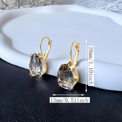 14K Gold Teardrop Crystal Leverback Earrings Sparkly Rhinestone Water Droplet Dangle Drop Earrings For Women - color: Grey