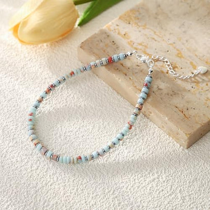 XIJIN Natural Stone Beaded Anklets for Women Handmade Beach Boho Turquoise Beads Ankle Bracelet Jewelry Gift for Her - color: Silver-C