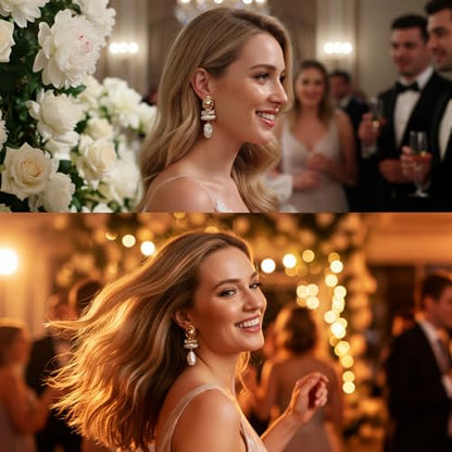 Statement Pearl Dangle Earrings,Gold and Large Pearl,Luxury Chandelier Organic Style Earrings - color: C gold and white