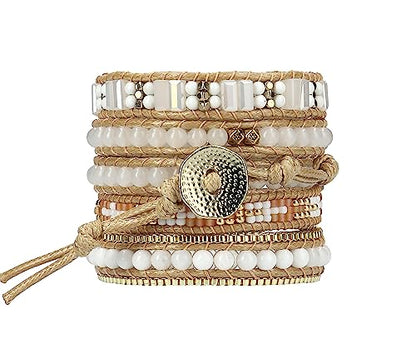Bracelet for Women – Handmade Vegan Boho Natural Stone Layered Bracelet, Thailand Bohemian Stackable Beaded Wrap Bracelets, Summer Hippie Bracelet Stack, Fashion Jewelry Gifts - color: A16-Nude