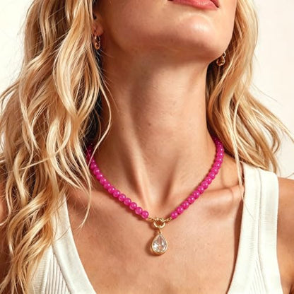 Beaded Gemstone Necklaces for Women Boho Beaded Choker Necklace | CZ Diamond Water Drop Pendant Necklace Natural Stone Jewelry Gifts - color: Rose