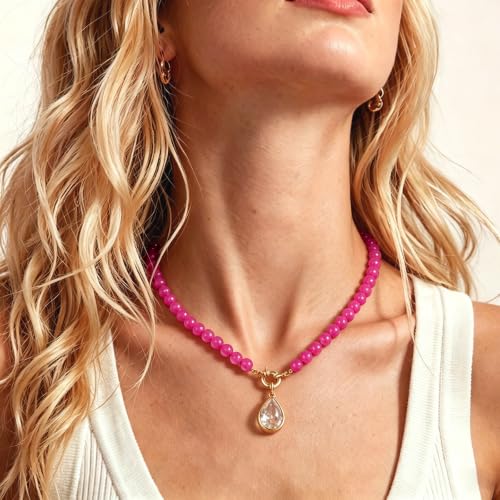 Beaded Gemstone Necklaces for Women Boho Beaded Choker Necklace | CZ Diamond Water Drop Pendant Necklace Natural Stone Jewelry Gifts - color: Rose