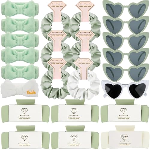 Bridesmaid Scrunchies Proposal Hair claws clips Set of 12 Bridal Shower heart sunglasses Gifts for Wedding Bachelorette Party Favors (24pcs White&Sage Green headband) - color: 24pcs White&Sage Green headband