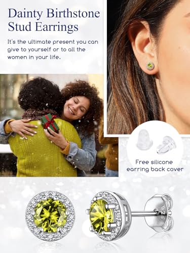 Suplight 925 Sterling Silver Birthstone Stud Earrings for Women, Round/Heart/Teardrop/Square Crystal Diamond Earrings for Women, Dainty Birthday Gifts Jewelry - color: style a-08. round-August(Created Peridot)
