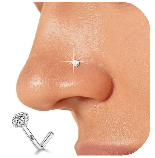 LUCKYJEWUS 925 Sterling Silver Nose Rings Studs for Women Men, 18G / 20G / 22G / 24G L Shaped Nose Stud Nose Piercing Jewelry - size: 2mm CZ, 20 gauge