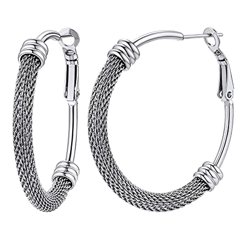 ChainsHouse 30/40/60/80mm Hoop Earrings for Women,Chunky Earrings in 18K Gold Plated/Silver/Black,Minimalist Jewelry Round Tube Hoops Fits Sensitive Ears|Hypoallergenic&Waterproof,with Gift Box - color: B:steel-mesh tube, size: 40MM