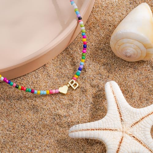 Turandoss Colorful Beaded Initial Necklaces, Birthday Gifts for Teen Girls | 14K Gold Plated, Heart Letter A-Z Pendant, Dainty Summer Jewelry, Personalized Jewelry Gifts - color: J