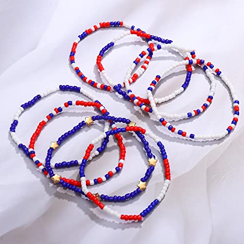 HEIDKRUEGER Bead Stretch Bracelets Independence Colorful Tiny Beaded Stackable Vsco Bracelets Boho Summer Vacation Adjustable Bangle Bracelet for Women Girls 14Pcs - color: American Red Blue