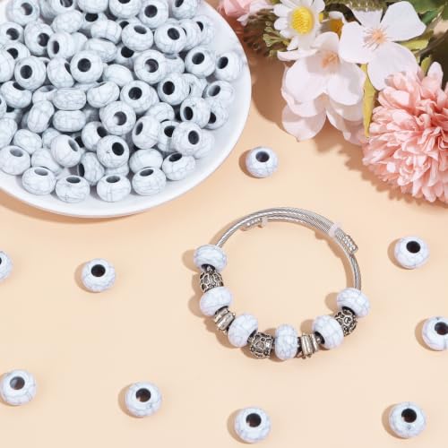 150PCS 14x8mm Cracked White Acrylic European Large Hole Rondelle Spacer Beads with Storage Box, Loose Beads for Bracelet Necklace Earring Hair DIY Jewelry Making - color: Cracked White
