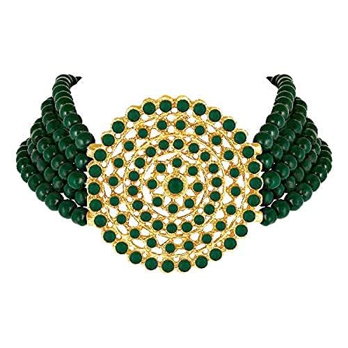 Aheli Pearl Diamond Choker Necklace & Round Earrings Gift for Women Indian Traditional Bollywood Fashion Bharatanatyam jewellery set - color: Green 2