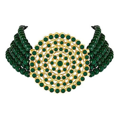 Aheli Pearl Diamond Choker Necklace & Round Earrings Gift for Women Indian Traditional Bollywood Fashion Bharatanatyam jewellery set - color: Green 2