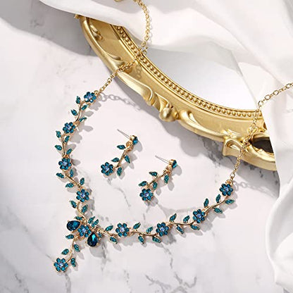 Women's Wedding Jewelry Set for Bride,Prom Bridal Accessories | Bling Crystal,Flower Leaf Cluster,Dangle Earrings Pendant Necklace Set,for Bridesmaid,Party Jewellery - color: 08-Blue Topaz Gold-Plated-Base