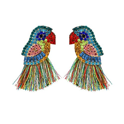 Parrot Earrings for Women, Bird Parrot Tassel Earrings for Womens, Rhinestone Parrot Dangle Earring Hypoallergenic, Cubic Zirconia Parrot Drop Earring, Parrot Jewelry Funny earrings