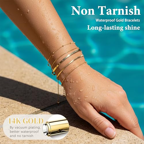 Dainty Gold Bracelet for Women Trendy Non Tarnish, Thin Bracelets Stackable Set with Bangle Cuff, Box, Herringbone, Paperclip, Figaro, Sparkling Link Chains Waterproof, Simple Jewelry Gifts for Women - color: style 01-gold