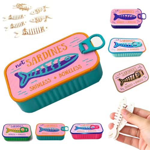 Sardines Travel Jewelry Box, Sardine Tin Jewelry Box, 3d Printed Sardine Tin Like Jewelry Case, with Fish-Shaped Holders for Earrings and Charms, Portable Earring Organizer (Plus size-C-6 Fishbones) - color: Plus size-C-6 Fishbones