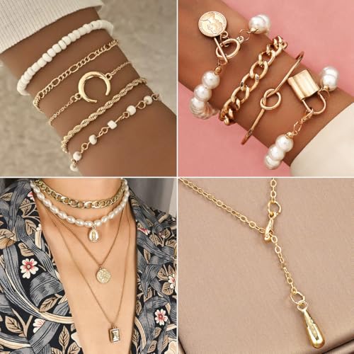 116Pieces Gold Plated Jewelry Set with 8 PCS Necklace, 22 PCS Bracelet, 66 PCS Stud Dangle Earring, 20 Pcs Knuckle Rings for Women Valentine Anniversary Friendship Gifts (GOLD SET)