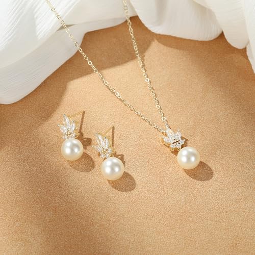 EleQueen Women's Simulated Pearl Wedding Jewelry Set for Brides | Cubic Zirconia Necklace Earrings Bracelet Set for Brides Bridesmaids, Bridal Jewelry Set for Anniversary/Memorial Day - style: Goldr-Plated-Brass Pearl Earrings Set