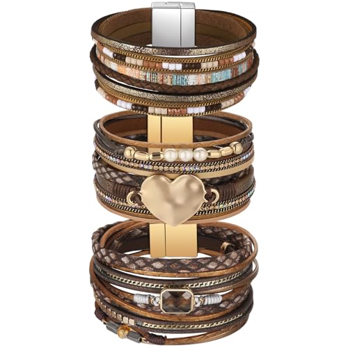 Inbagi 3 Pcs Bohemian Bracelet for Women Faux Leather Cuff Bracelet Heart Rhinestone Bead Multi Layer Western Jewelry Crystal Wristbands - style: Bohemian