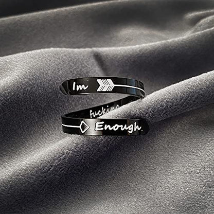 Opening Black Keep Going ring Stainless Steel Adjustable Never give up Jewelry Inspirational Opening Stacking Cute Hiphop Band - style: IM F Enough