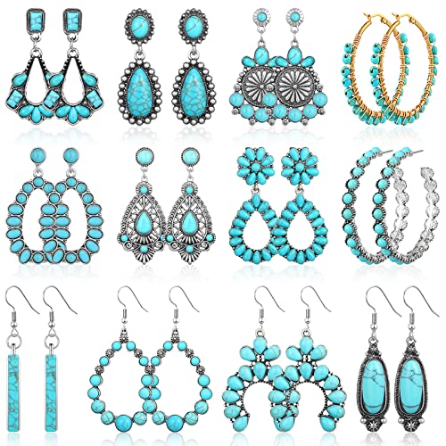 12 Pairs Turquoise Earring Set for Women Turquoise Bohemian Dangle Stud Earrings Round Metal Earrings Boho Vintage Oval Earring Metal for Jewelry - color: synthetic turquoise, style: Fresh Style