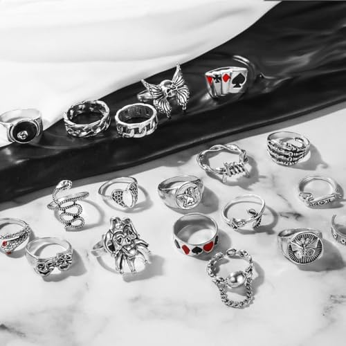 17IF 26-35 Pcs Vintage Silver Knuckle Ring Set for Women Men, Gothic Rings | Grunge Chunky Aesthetic Snake Stackable Adjustable Punk Bulky Finger Alt Fairy Skull Frog Heart Star Flower Midi Ring Pack - style: 21 Red Clown