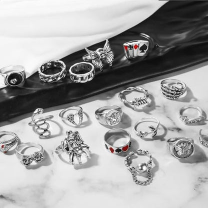 17IF 26-35 Pcs Vintage Silver Knuckle Ring Set for Women Men, Gothic Rings | Grunge Chunky Aesthetic Snake Stackable Adjustable Punk Bulky Finger Alt Fairy Skull Frog Heart Star Flower Midi Ring Pack - style: 21 Red Clown