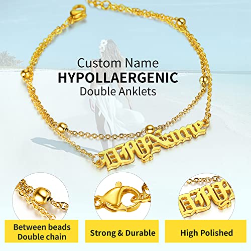 ChainsHouse Double Layer Anklet Bracelet for Women,Adjustable Chain Anklets Stackable Dainty Anklets,Stainless Steel/Gold Plated/Black Ankle Jewelry Gifts - color: B-Gold Plated-Bead Chain