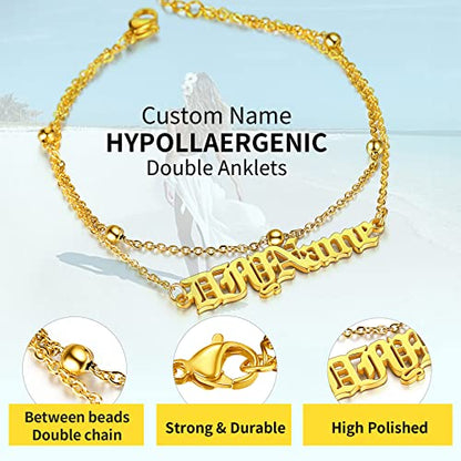 ChainsHouse Double Layer Anklet Bracelet for Women,Adjustable Chain Anklets Stackable Dainty Anklets,Stainless Steel/Gold Plated/Black Ankle Jewelry Gifts - color: B-Gold Plated-Bead Chain