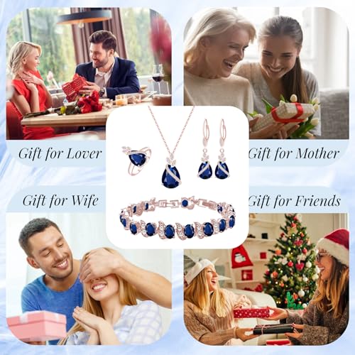 GZWHD Jewelry Set for Women CZ Earrings Necklace Ring Bracelet Set Prom Party Wedding Jewelry Gift for Mother Friend Wife - color: A-Rose Gold-Blue