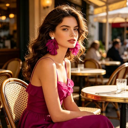 Handmade Bohemian Lightweight Fabric Flower Dangle Drop Earrings Chic Pearl Large Tassel Petal Stud Earrings For Women - color: Rose Red