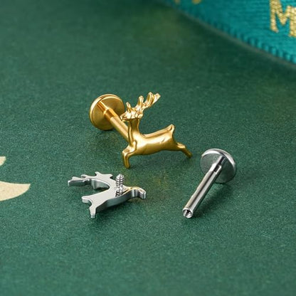 FINE4U Cartilage Christmas Piercing Jewelry 16G 6mm 8mm - ASTM F136 Titanium, Flat Back Labret Stud for Helix Flat Lobe, Elk Minimalist Earring, Squirrel Earrings - color: Deer - Tit