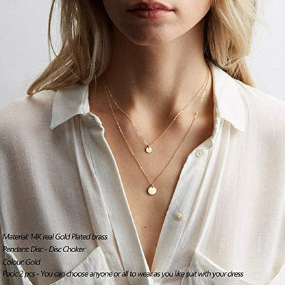 Turandoss Dainty Layered Choker Necklace, Handmade Y Pendant Necklace Multilayer Bar Disc Necklace Adjustable Layering Choker Necklaces for Women - style: 2PCS - Small Disc&Disc