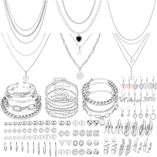 NEWITIN 69 Pieces Gold Jewelry Set for Women Fashion Costume Jewelry Gold Plated Necklace Bracelet Earrings Set for Women - color: Silver Jewelry Set