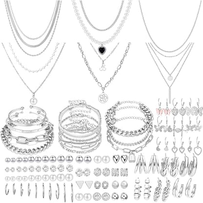 NEWITIN 69 Pieces Gold Jewelry Set for Women Fashion Costume Jewelry Gold Plated Necklace Bracelet Earrings Set for Women - color: Silver Jewelry Set