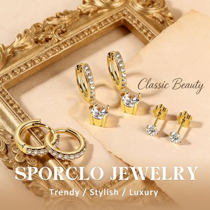 14K Gold Hoop Dangle Stud Earrings Surgical Steel Helix Piercing | Hypoallergenic,Cubic Zirconia,3 Pairs Huggie Hoop Set for Women,Dangle Stud,Cartilage Tragus Conch Earring,Jewelry Gift - color: A6-Gold Round CZ C