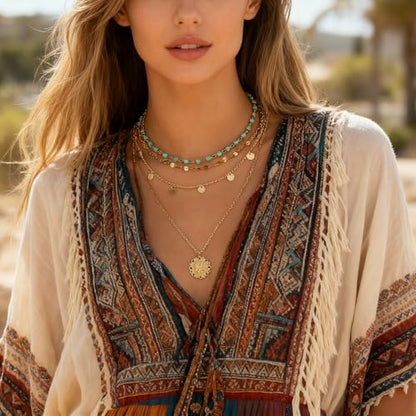 HUASAI Boho Necklaces for Women Dainty Layered Choker Necklace Bohemian Turquoise Necklace Statement Jewelry Western Cowgirl Country Concert Outfits Accessories - color: A Gold Turquoise Necklace