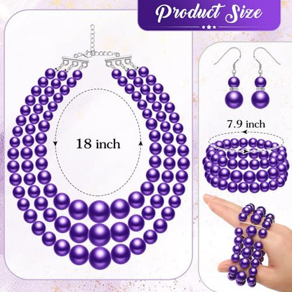 Haysandy Pearl Jewelry Set for Women 20s Jewelry Gift | Retro Layered Necklace Bracelet Earring, Costume Accessories for Derby Wedding Prom Party, Dress Matching Occasions - color: Bright Purple
