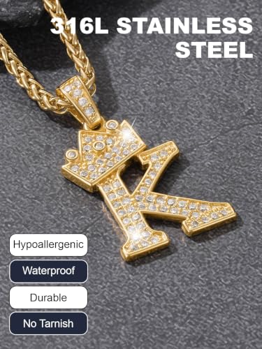 U7 Crown Initial Necklace Men Women, Bling Diamond A-Z 0-9 Letter Pendant with Wheat Chain, Silver/Black/Gold Plated CZ Alphabet Number Hip Hop Jersery for Father Husband - color: a. Gold, size: 19. S