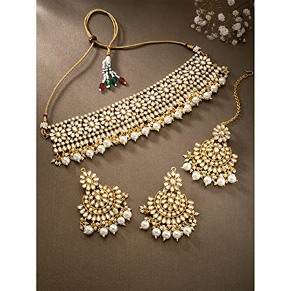Aheli Faux Pearl Choker Necklace with Earrings Indian Traditional Bollywood Jewelry Set Gift for Women - color: White & Gold