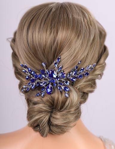 Vintage Blue Crystal Headband Wedding Bridal Bridesmaid Side Headpiece Handmade Silver Hair Accessories (Blue) - color: Blue