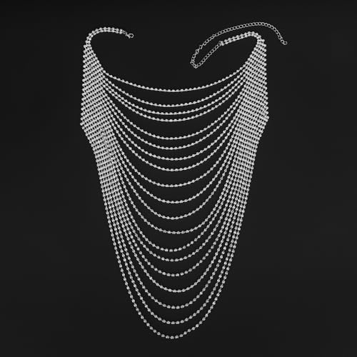 Full Rhinestone Body Chain Crystal Crossover Bra Body Chain Necklace Boho Multilay Costume Chest Chain Beach Sexy Bikini Nightclub Body Chain Party Rave Accessories for Women - color: Silver