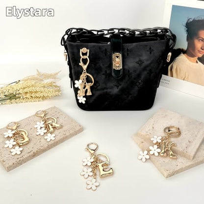 Floral Series Initial Bag Charm, Cute Flower & Bubble Letter Purse Charms, Keychain Accessories Gift for Women - color: White Flower, style: N