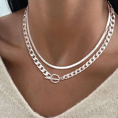 CHESKY 14K Gold Plated Chunky Necklace for Women, Trendy Toggle Clasp | Statement Pendant Necklace, Layered Paperclip Chain, Toggle Clasp Design, Thick Gold Chain, Non Tarnish Everyday Jewelry - color: silver, style: cuban+herringbone