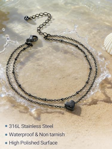 PROSTEEL Ankle Bracelets for Women, Silver/Gold/Black, Waterproof Anklets | Waterproof, Stainless Steel, Summer Beach Jewelry, Durable & No Tarnish, Come with Gift Box, 8-10.5" Adjustable, Plus Size - color: E: black-heart layered