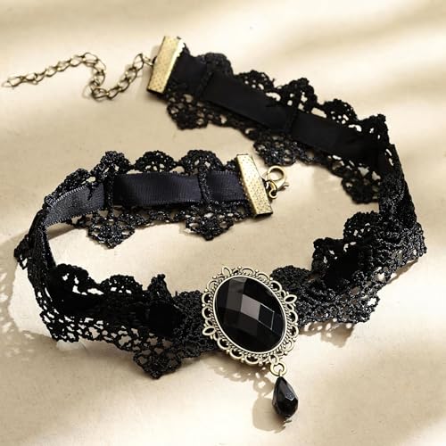Qceasiy Gothic Black Necklace for Women, Adjustable Victorian Velvet Lace Collar, Halloween Party Cosplay Jewelry Gift - style: Black Gem Lace