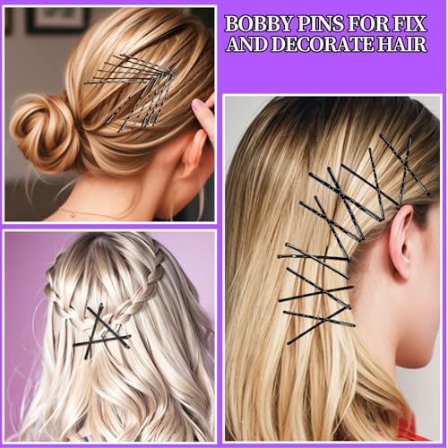Teenitor 300pcs Hair Pins Bobby Pins Black, 100 Black Bobby Pins 2" 2.75"100 Hair Pins for Women and 100 Clear Hair Bands Kit, U Pins for Buns 2" 2.36" - color: Black