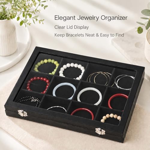 Black 12 Grid Jewelry Organizer Display Box with Transparent lid Bracelets Display Case Bracelet Box with Clasp Bangle Organizer Drawer Insert Bangle Brooch,Gift for Women Girls(12 Grid) - color: 12 Grid
