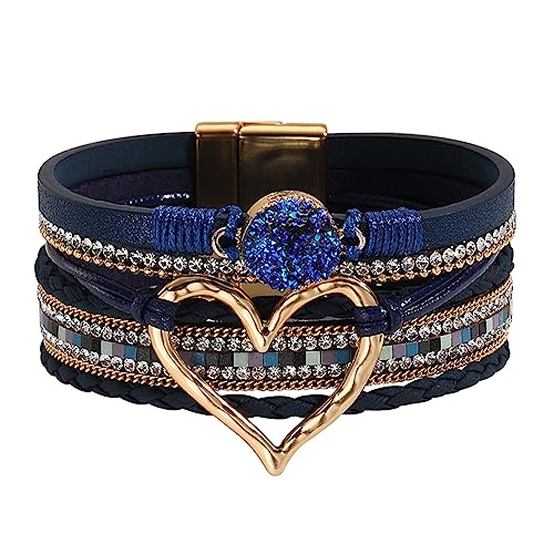 Womens Love Heart Leather Wrap Bracelet Multi-layer Stacked Bangle | Magnetic Clasp Soft PU Leather Resin Stone Rhinestone Boho Style Birthday Valentine Christmas Bohemian Jewelry Gift - color: Navy Blue